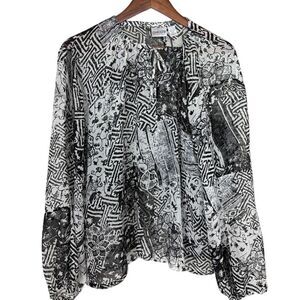 Chicos Women Silk Blouse Top Black Pattern Size 3 XL Semi Sheer Whimsigoth Fairy
